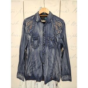 Roar Mens XL Blue Distressed Tribal Embroidered Western Shirt